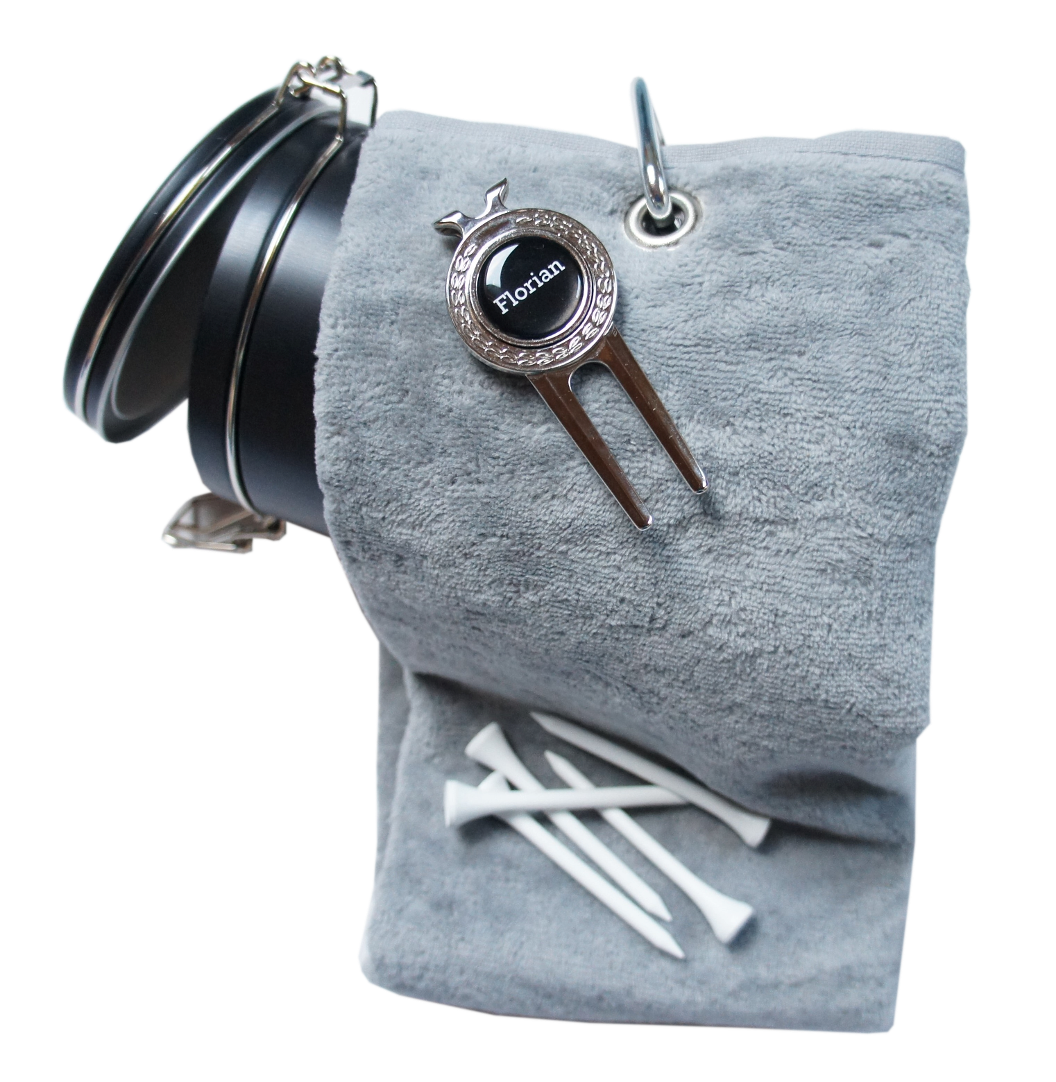 Geschenk-Dose: Caddytuch +  Pitchgabel mit personalisiertem Ballmarker Geschenk-Dose: Caddytuch +  Pitchgabel mit personalisiertem Ballmarker