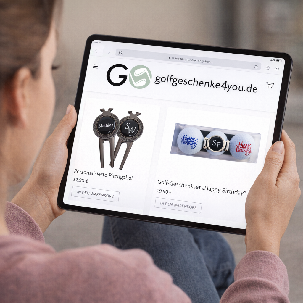 Person hält Tablet und wählt ein Golfgeschenk aus