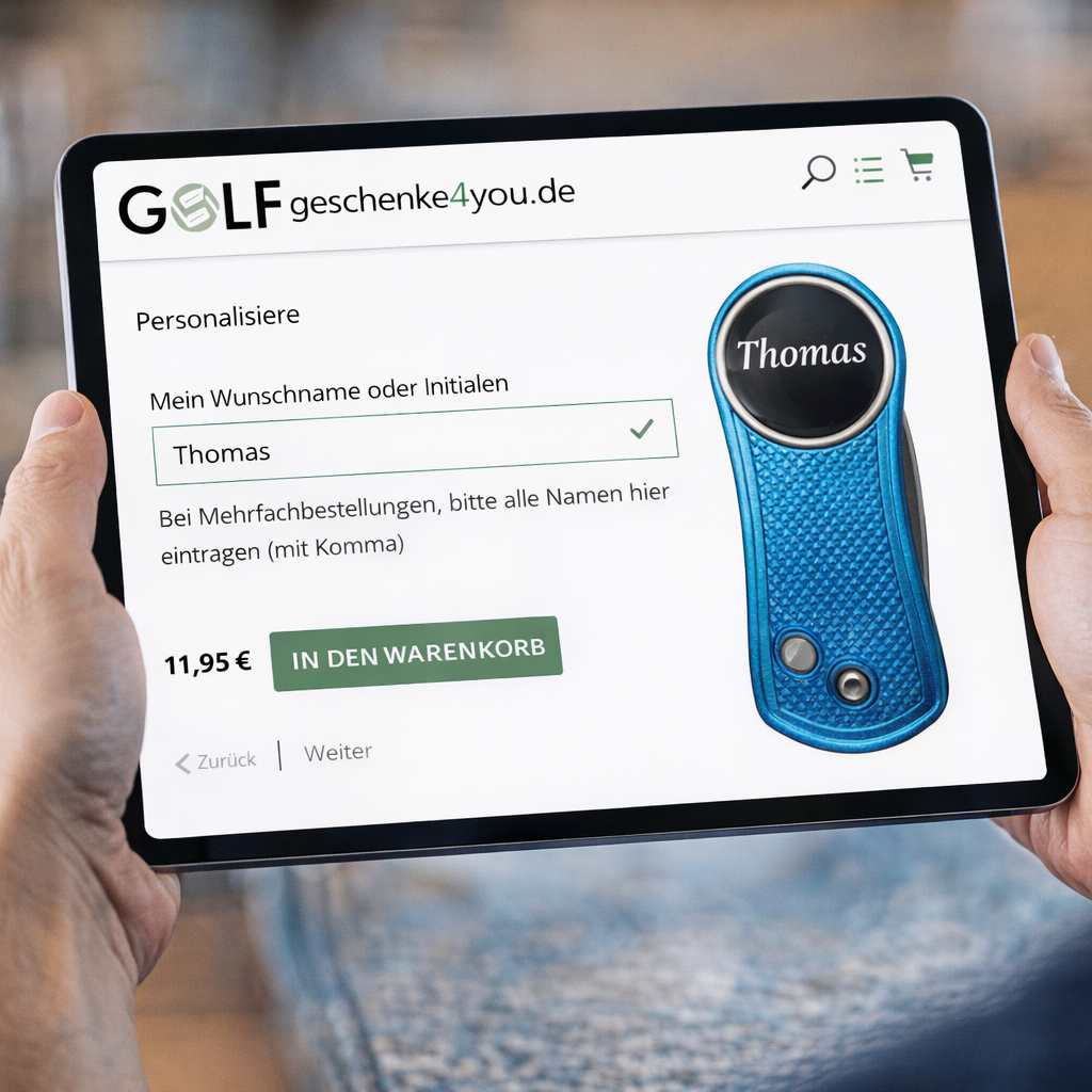 Nutzer gibt seinen Wunschnamen für sein personalisiertes Golfzubehör bei der Bestellung an 