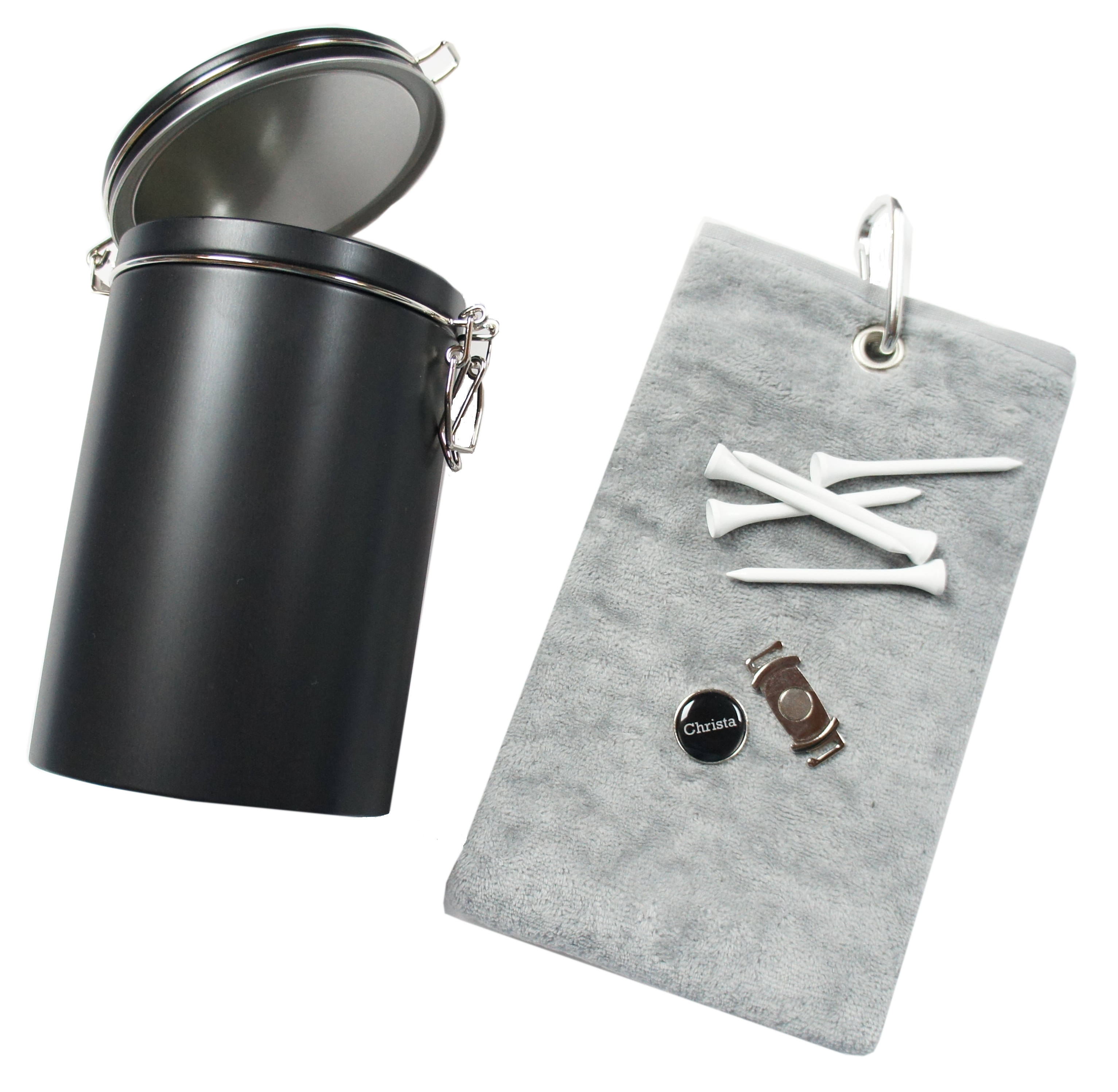 Geschenk-Dose: Caddytuch +  Cap- oder Schuh-Clip mit personalisiertem Ballmarker Geschenk-Dose: Caddytuch +  Cap- oder Schuh-Clip mit personalisiertem Ballmarker